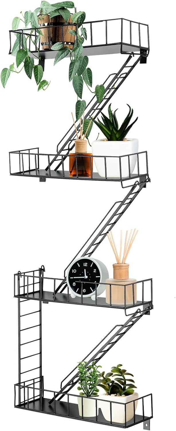 Zonon Estante de escape de incendios, estantes colgantes de pared, decoración de escalera de metal, estantería genial, organizador de pared,