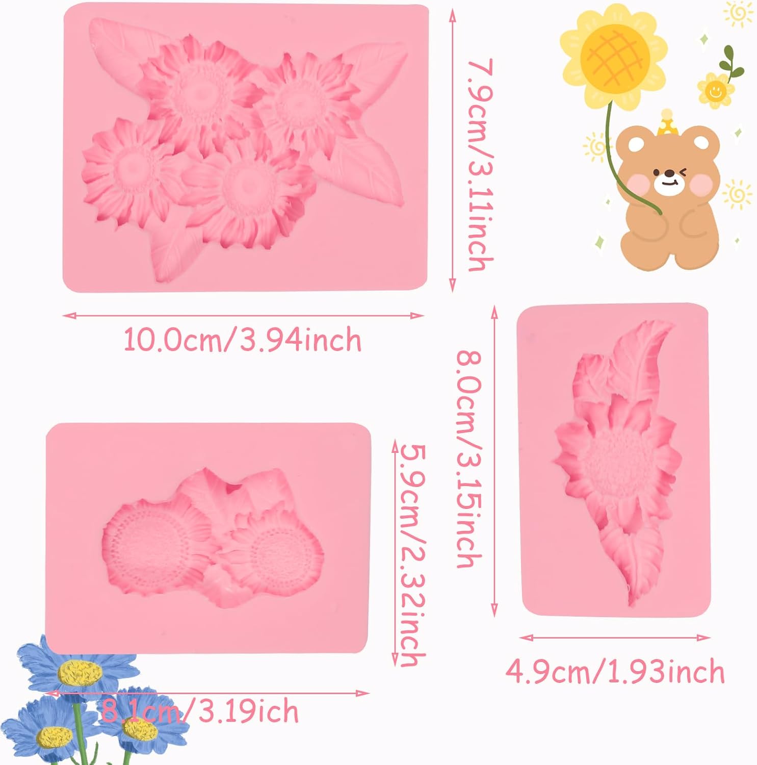 Moldes de silicona de girasol, decoración de pasteles, 3 piezas para Acción de Gracias y Día de la Madre, cupcakes, magdalenas, almendra, azúcar,