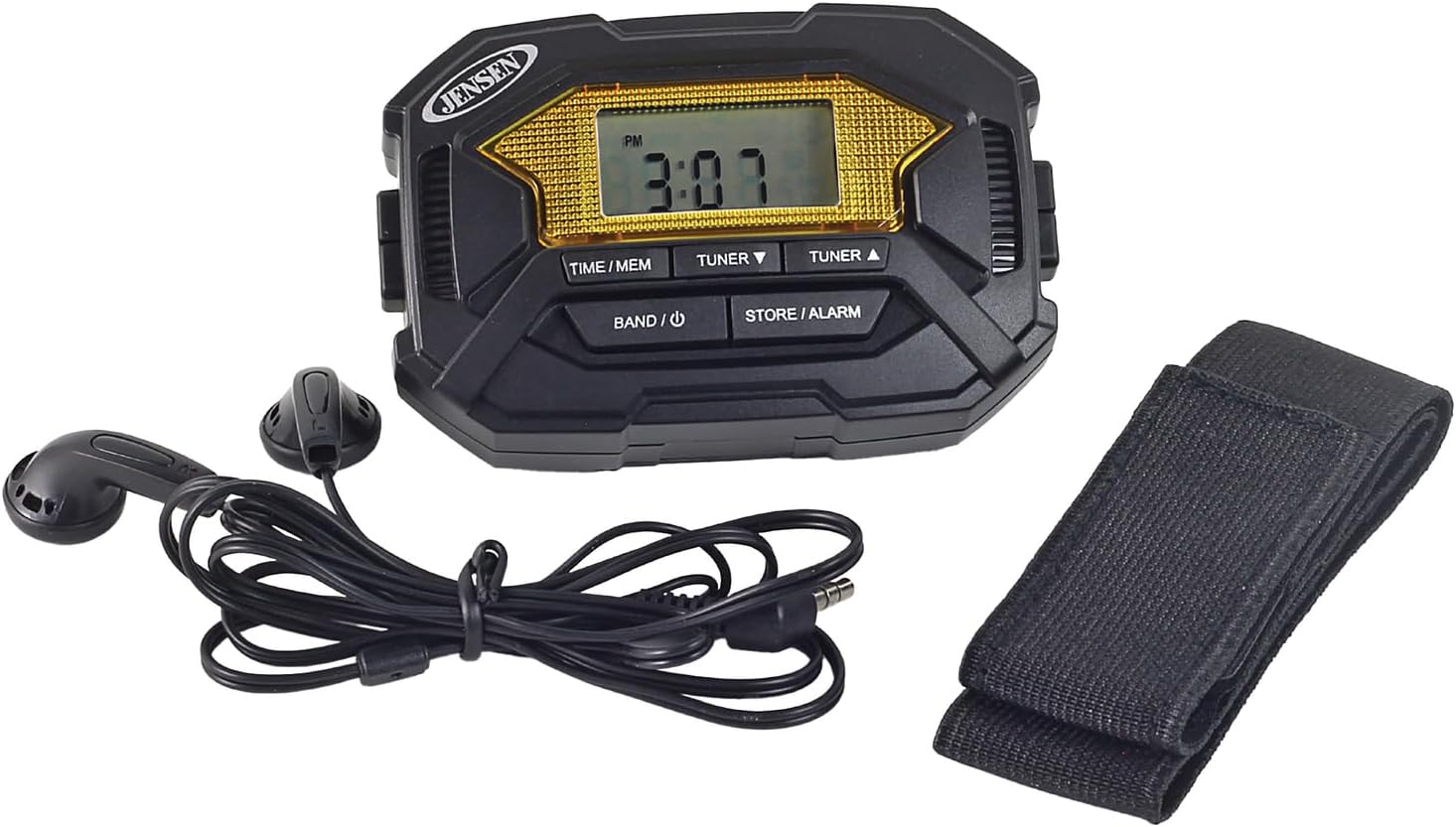 Jensen SAB-60 Brazalete Digital AMFM Radio Estéreo con Reloj y Auriculares, Negro, SAB-60
