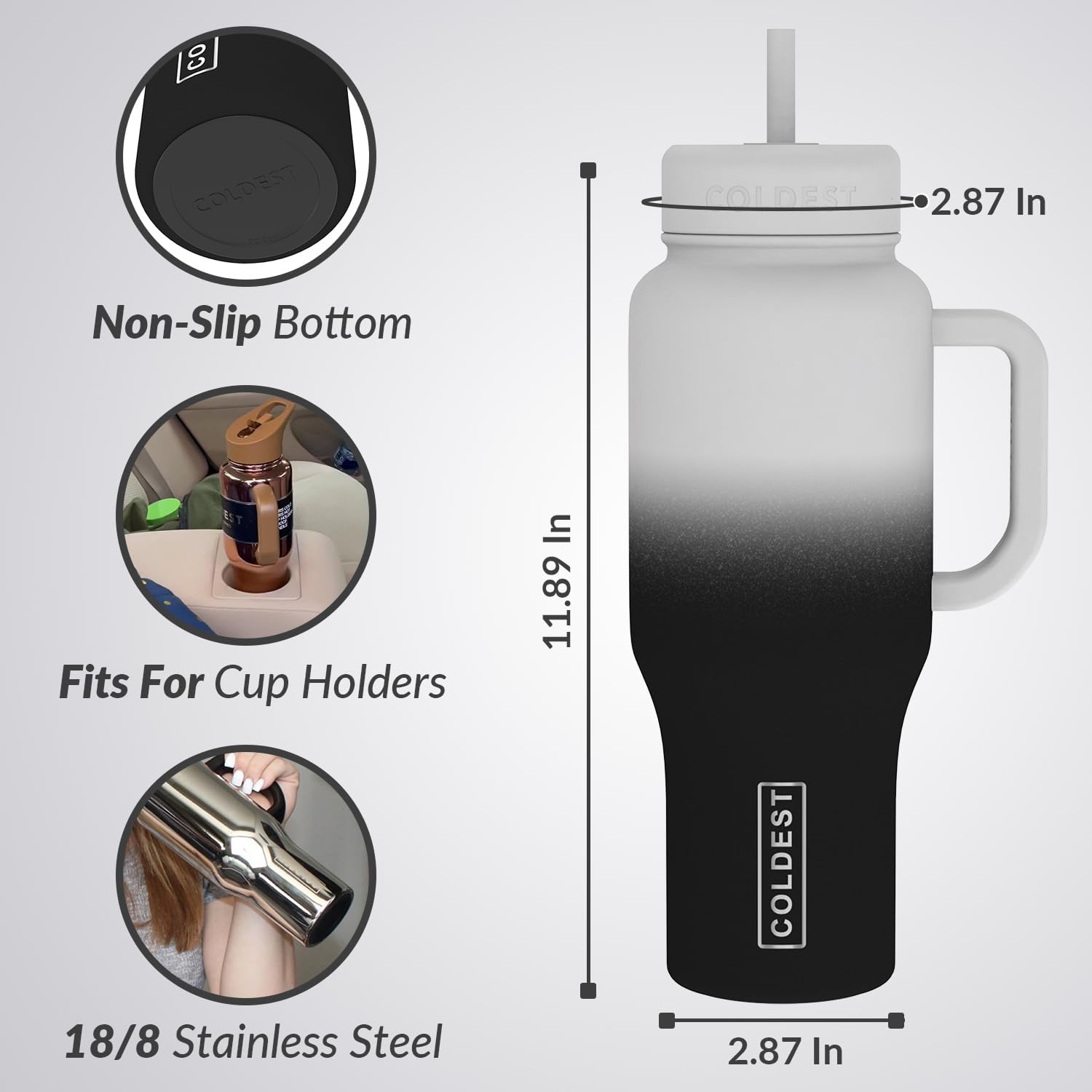 Coldest – Vaso con asa y tapa con pajilla, 3 tapas aisladas, reutilizable, de acero inoxidable, taza de viaje, regalos para mujeres, él y ella,