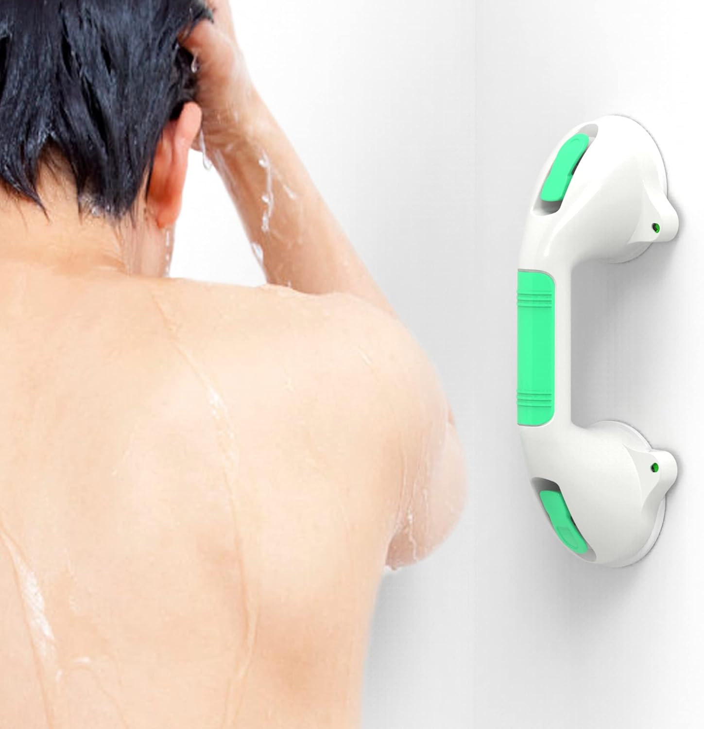 Barra de seguridad para baño de succión de 12 pulgadas con indicadores, mango de ducha de baño de asistencia de equilibrio (blancoverde, paquete de