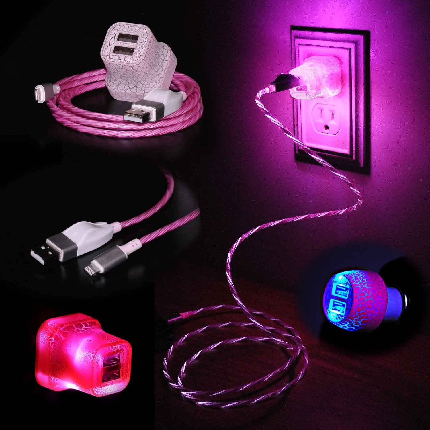 Encendido y apagado sensible al tacto, cable de carga LED iluminado con luz a juego de pared y enchufe de coche – Android Micro – 6 pies, rosa