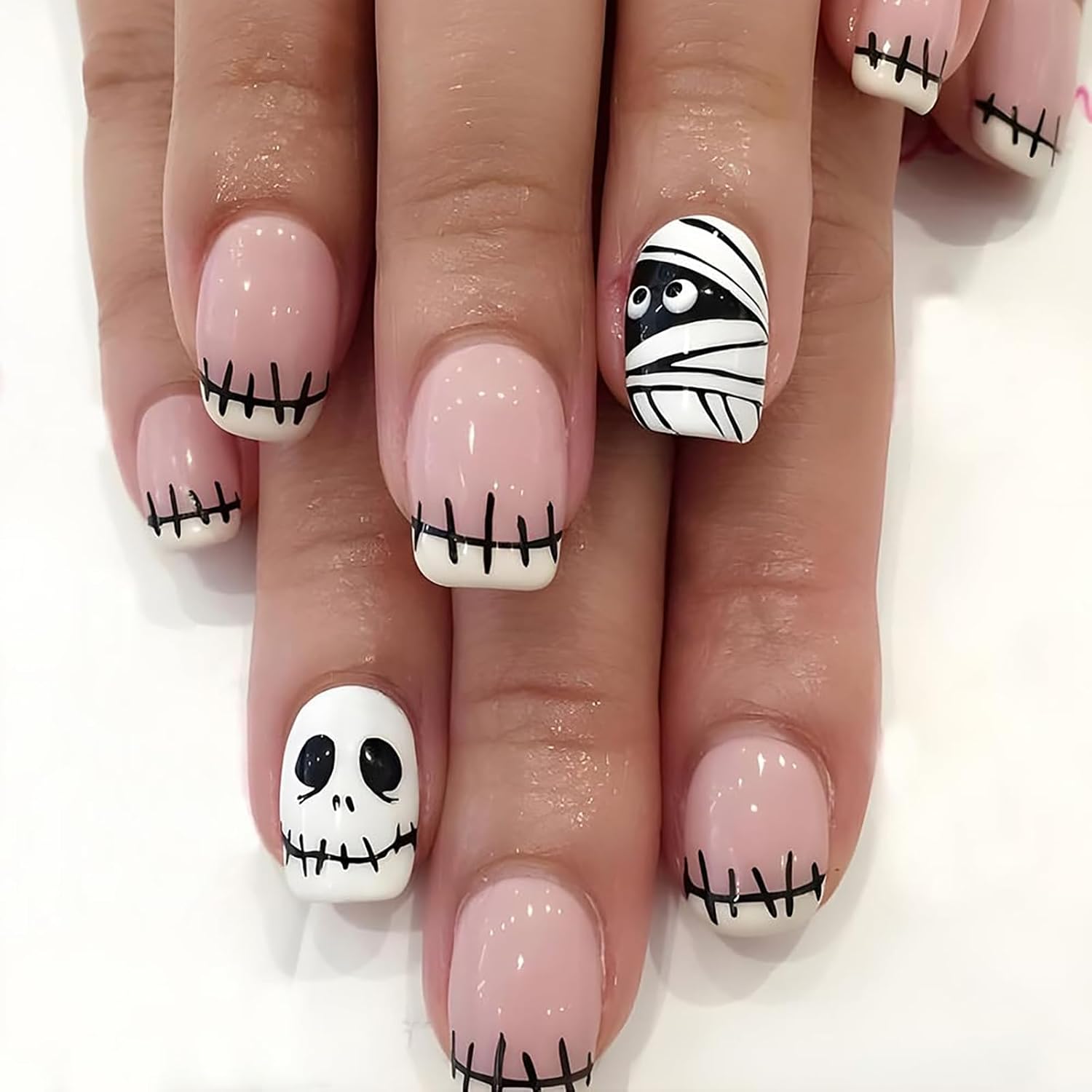Uñas postizas cortas a presión de Halloween, uñas postizas de punta francesa con bonito diseño de esqueleto y momia, uñas postizas cuadradas de