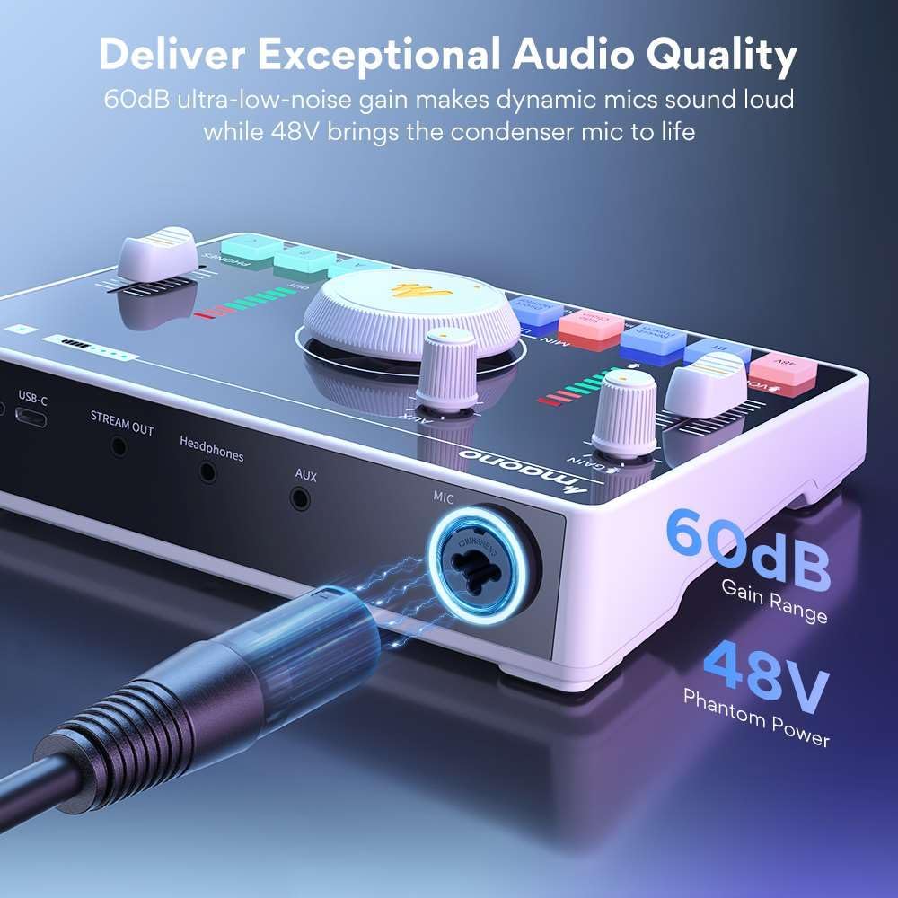 MAONO Mezclador de audio para transmisión, interfaz de audio con preamplificador profesional, Bluetooth, batería incorporada, cancelación de ruido,