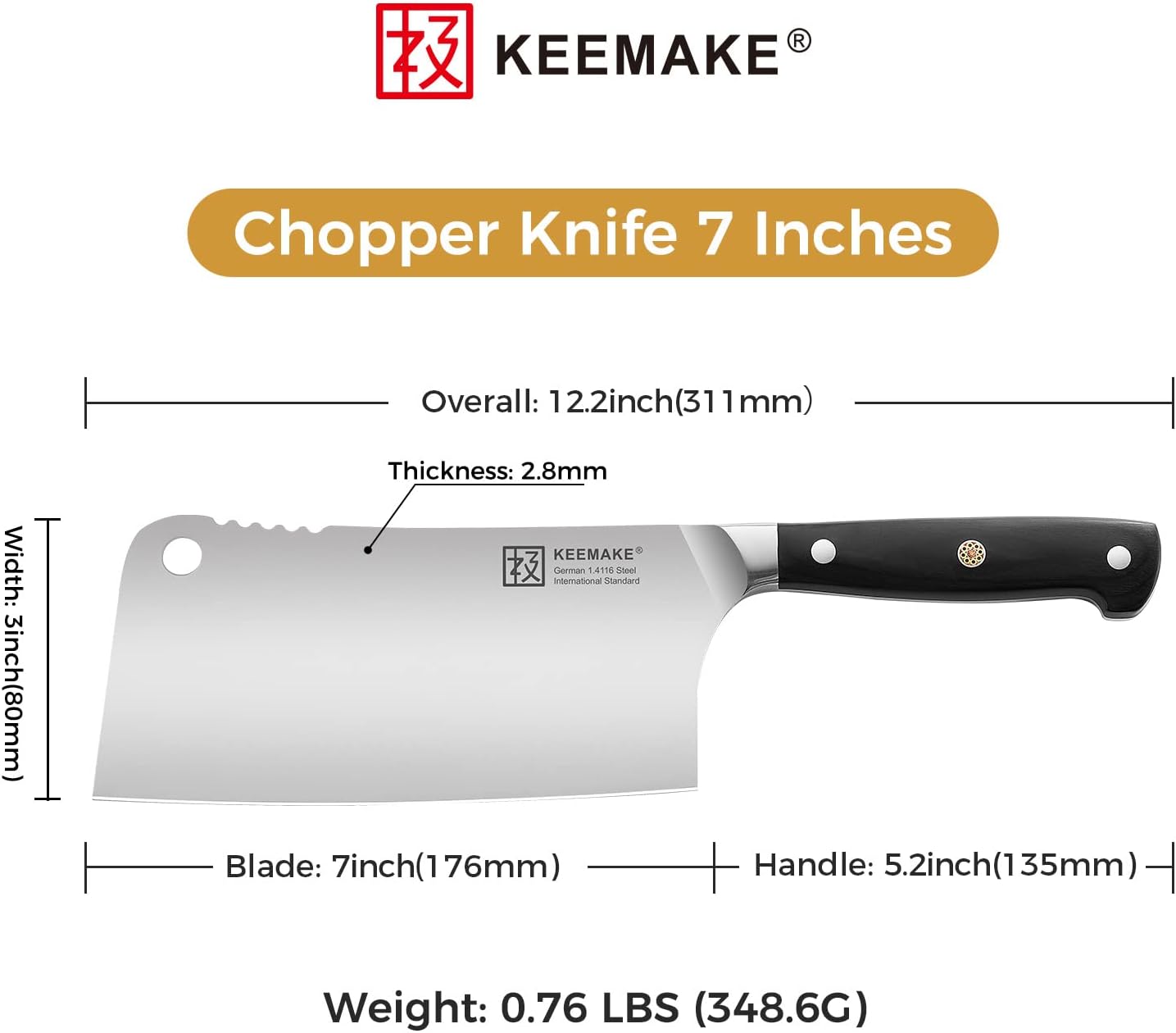 KEEMAKE Cuchillo de carnicero de 7 pulgadas, cuchillo de carnicero con acero inoxidable de alto carbono 1.4116, cuchillo de carnicero resistente con