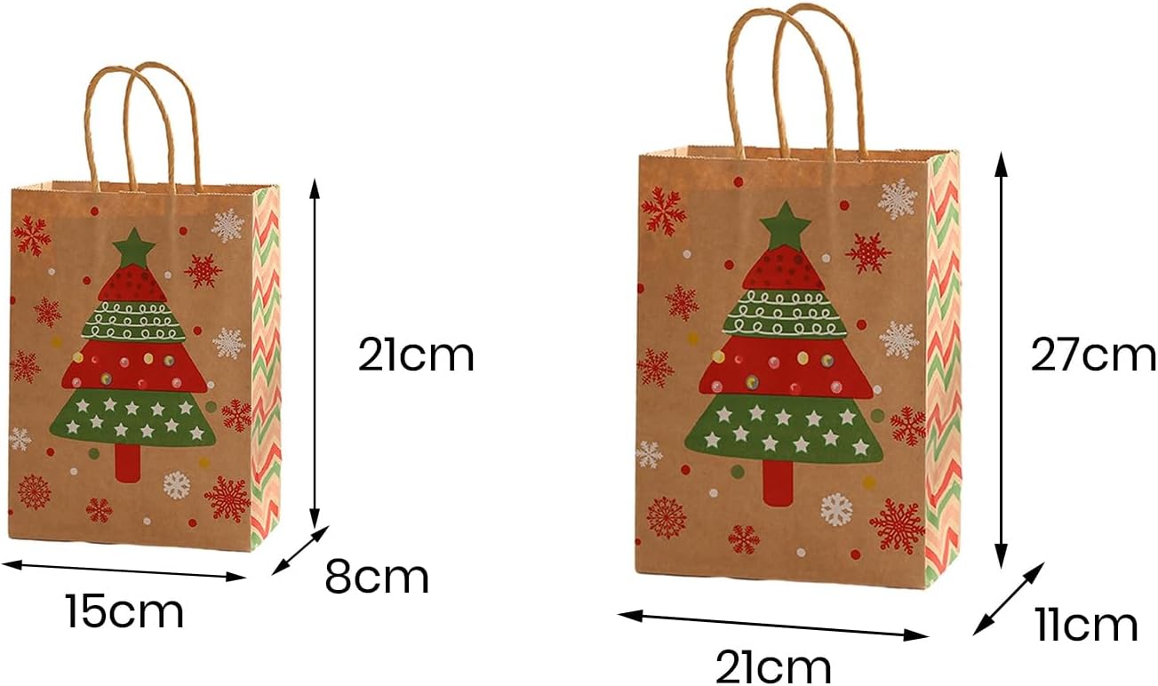 Tainrunse 12 bolsas de papel kraft con asa, trineo de alce, sombrero de árbol, patrón reutilizable, golosina, regalo, bolsas de embalaje A 10.6 in