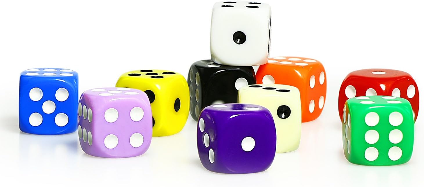 SUNMON Juego de 100 dados multicolores, 0.630 in, 10 colores surtidos con 10 unidades cada uno, dados estándar D6 con bolsa de transporte extra,