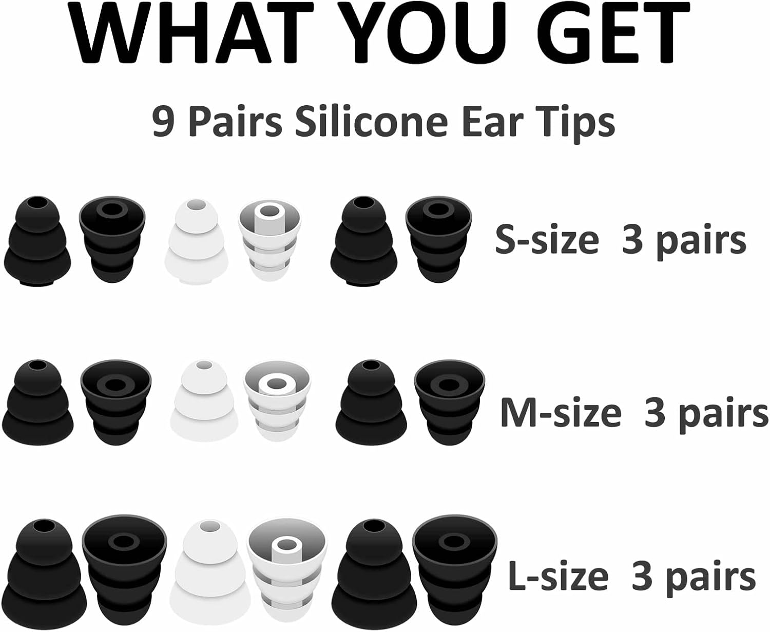 9 pares de puntas de oreja de triple brida con aislamiento de ruido, tapones de gel con orificio interior de 0.157 in para diámetro interior de