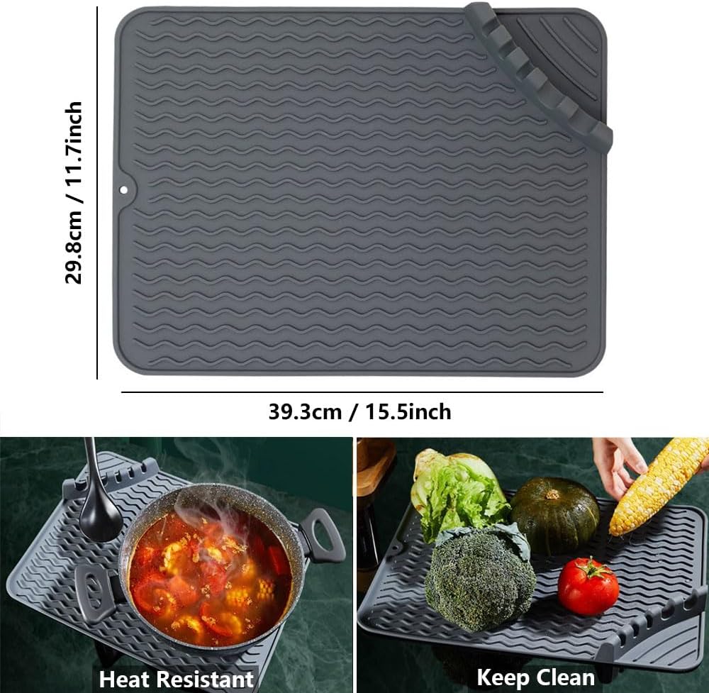 Alfombrillas de silicona para secar platos con soporte para utensilios, tapete de secado de platos resistente al calor para encimera de cocina,