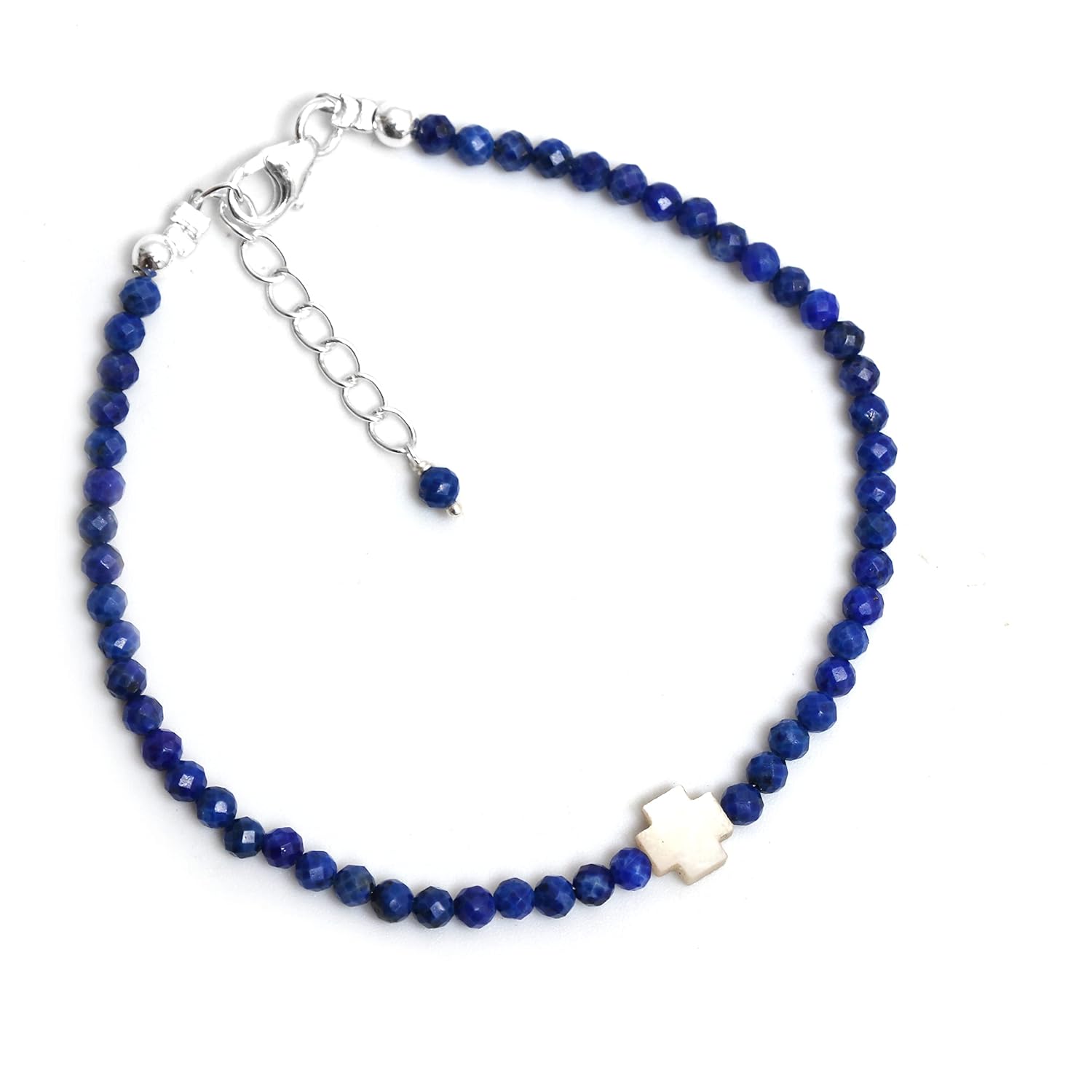 GemInspire Mother’s Day Jewelry Blue Lapis Lazuli Beaded Bracelet, Pearl Cross Bracelet, Faith Hope Bracelets, September Birthstone,Gift for