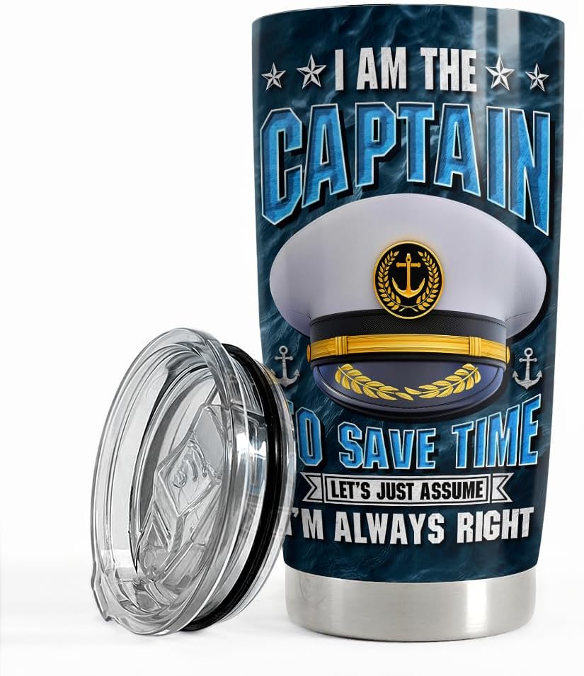 SANDJEST Vaso de capitán de 20 onzas, regalos para hombres, barcos, propietarios de barcos, vasos aislados de acero inoxidable, taza de café, taza