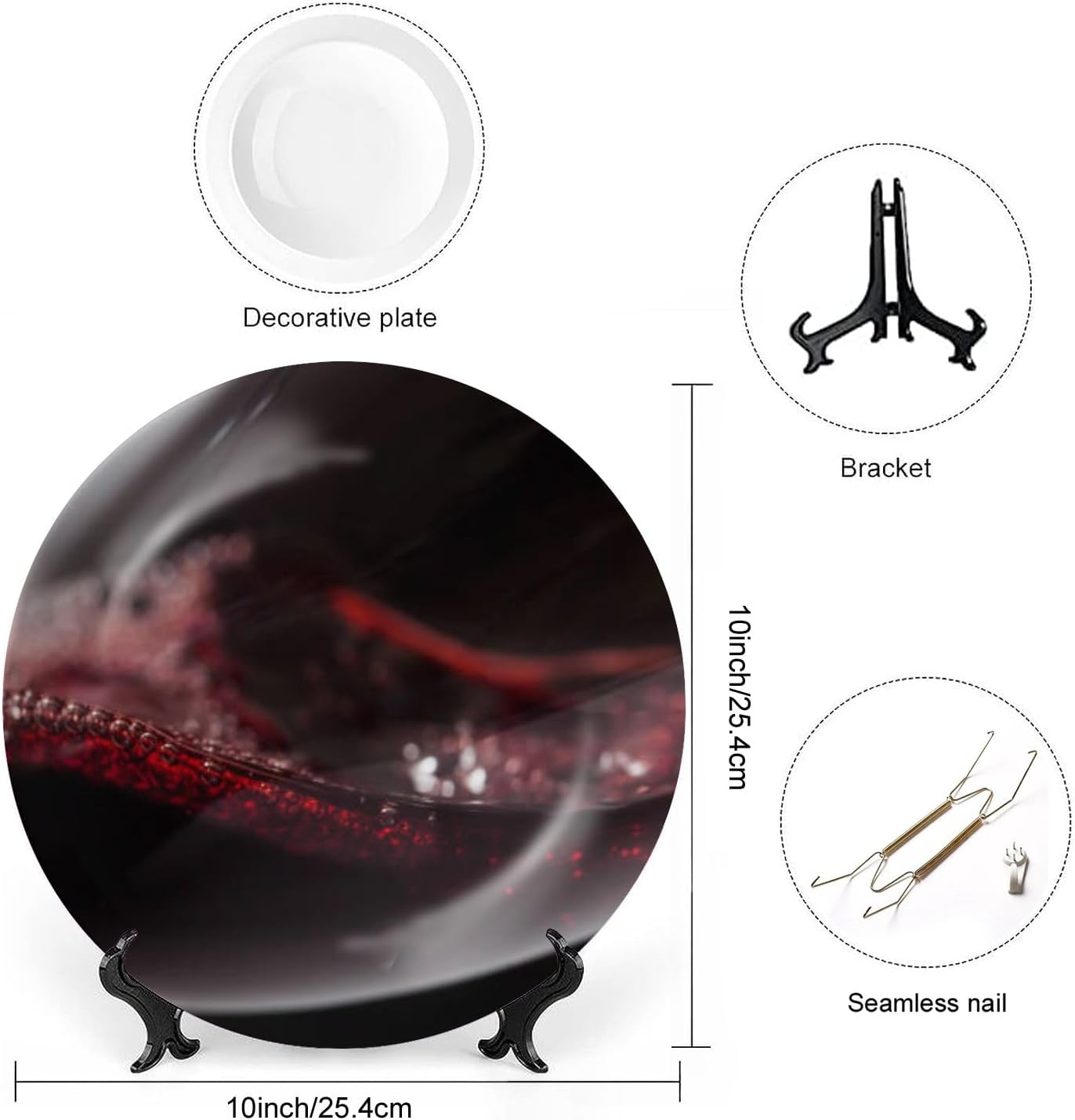 Plato de cerámica para colgar en la pared, decoración de primer plano, cristal de cristal, burbujas de vino tinto, pintura negra, placa decorativa