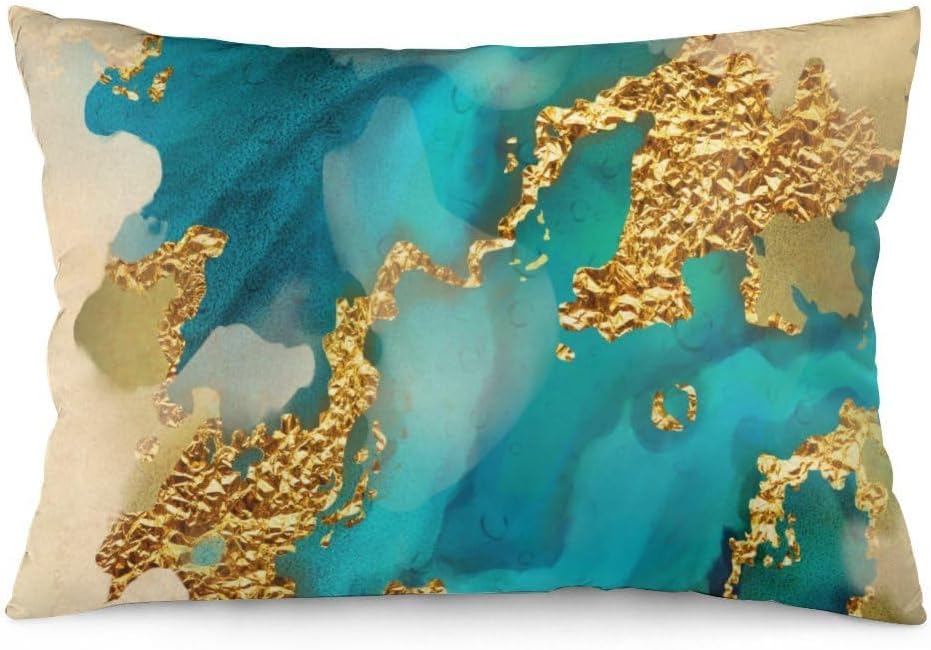 HOSTECCO Juego de 4 fundas de almohada lumbar de 12 x 20 pulgadas, color verde azulado y dorado, fundas modernas abstractas de arte contemporáneo