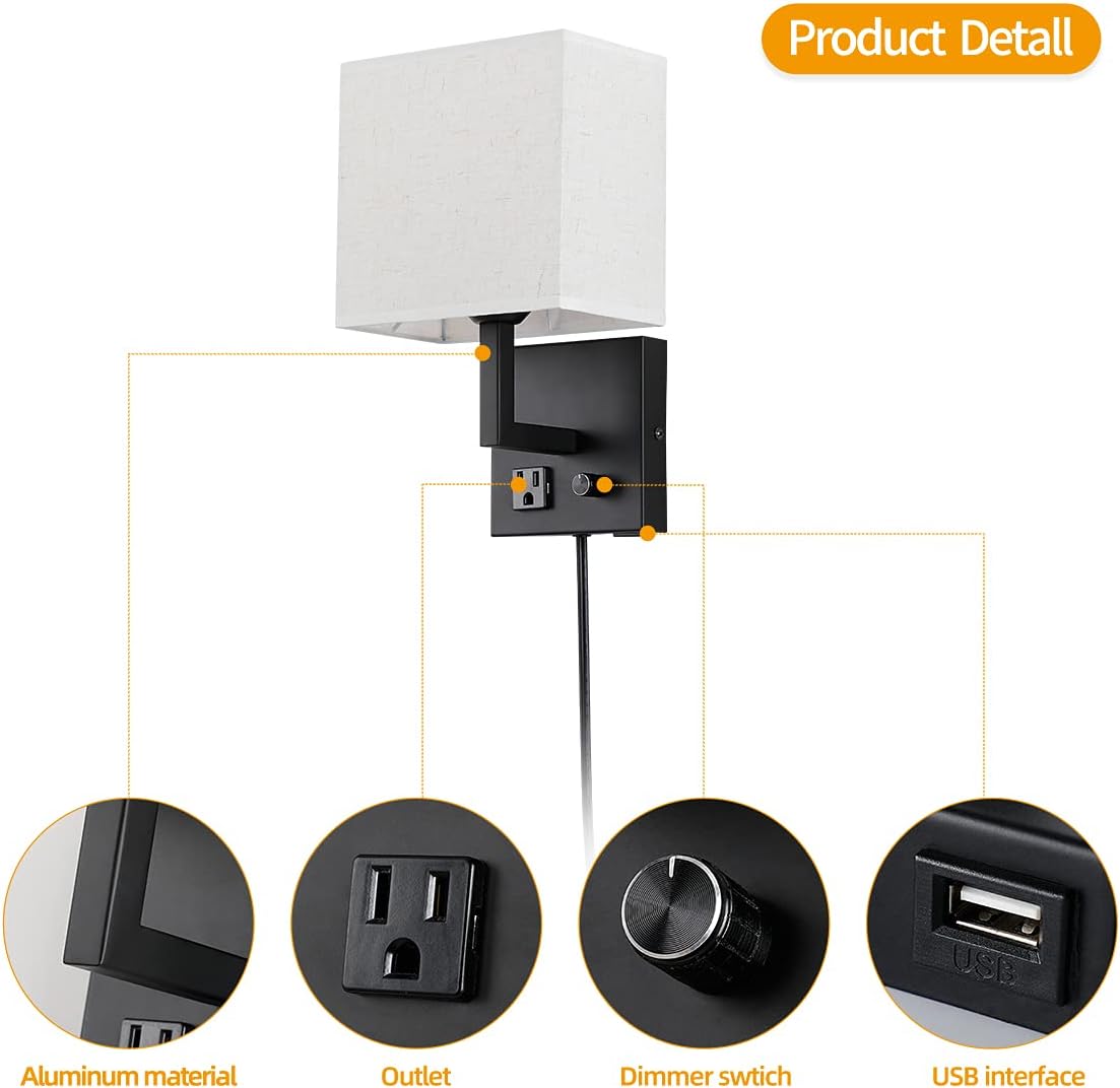Aplique de pared enchufable, lámpara de pared de cabecera con enchufe e interruptor regulable, con puerto de carga USB y enchufe, adecuado para