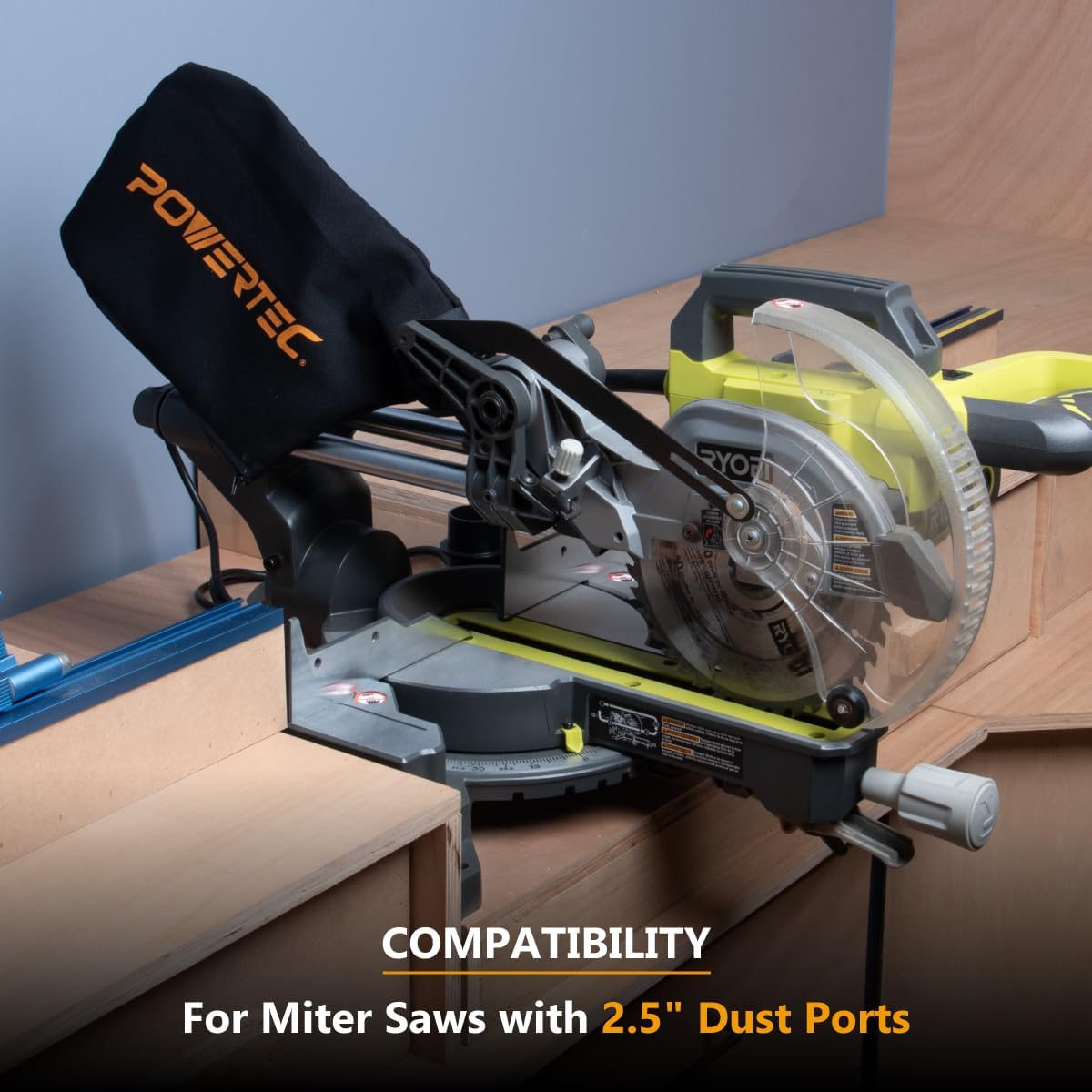 POWERTEC Bolsa colectora de polvo para sierra ingletadora de 10 pulgadas, 12 pulgadas, se adapta a puertos de polvo nominales de 2.5 pulgadas, se