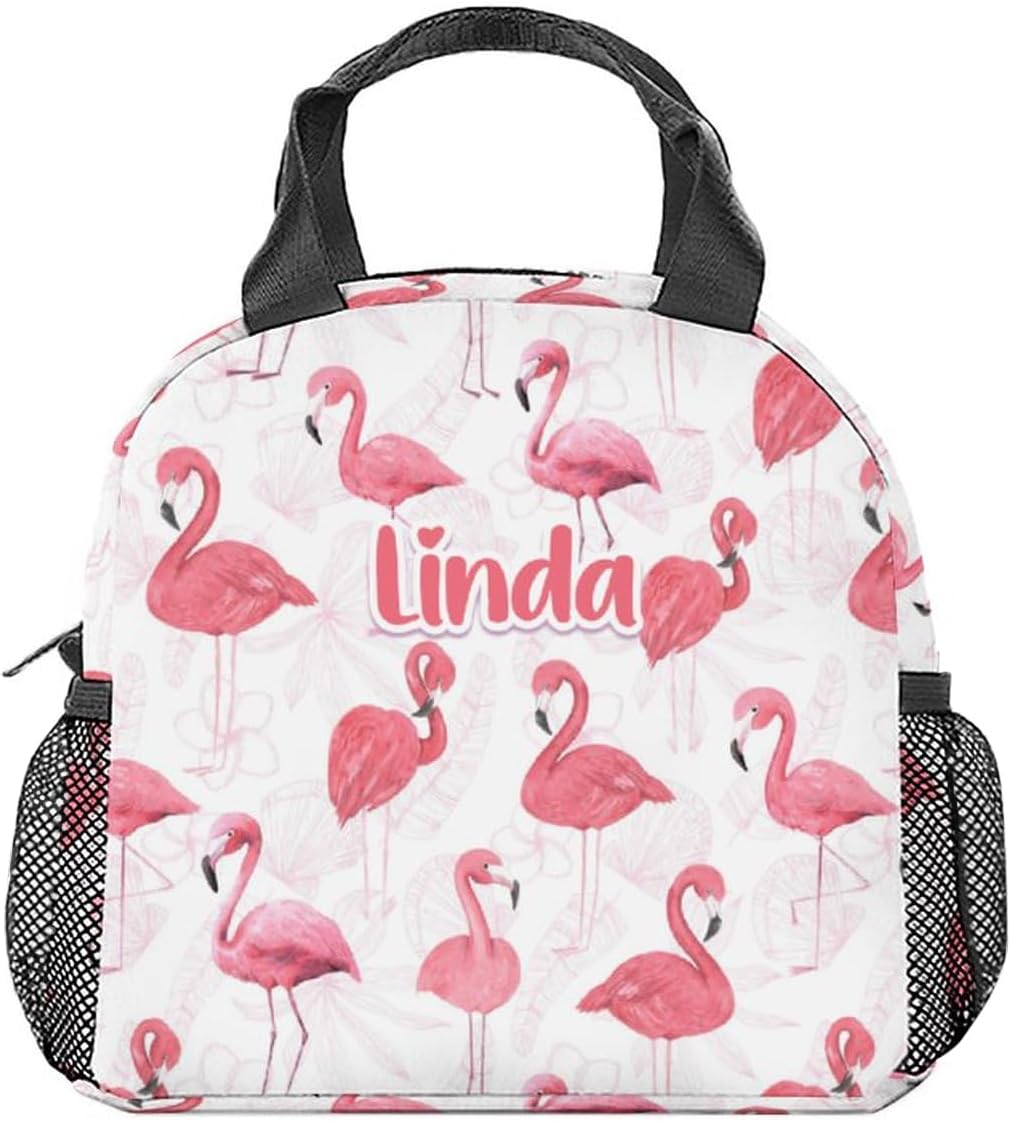 Lonchera de flamenco con nombre personalizado para niñas, pequeñas bolsas de almuerzo personalizadas, aisladas, bonita lonchera reutilizable para