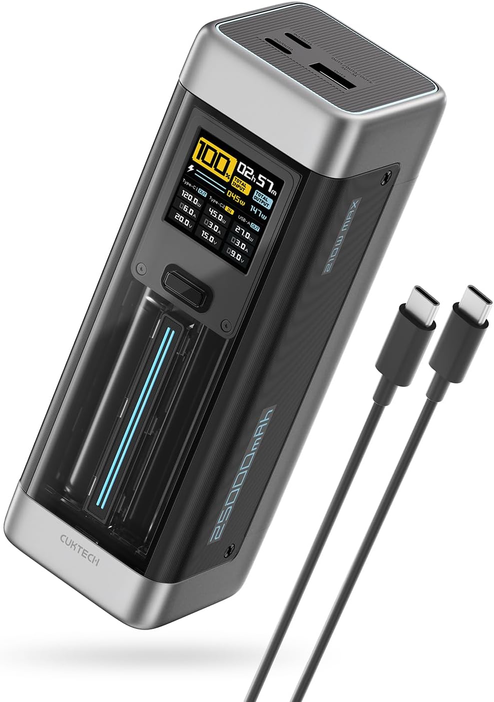 Banco de 20 energía, 25,000 mAh compatible con 140 W PD3.1, cargador portátil con 3 puertos, pantalla TFT de estado de carga inteligente para