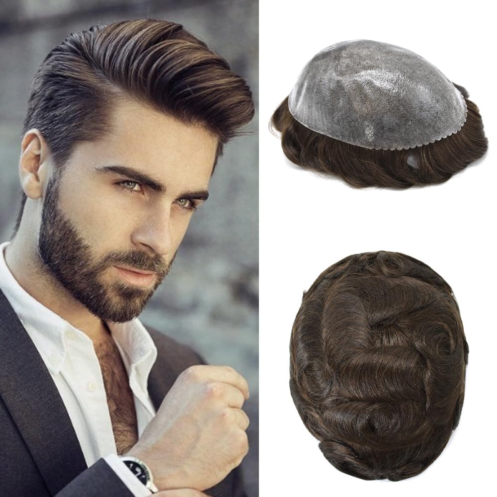 Cabello humano tipo toupee para hombre, sistemas de reemplazo de cabello con revestimiento de polietileno invisible, 8 x 10 pulgadas, extensiones de