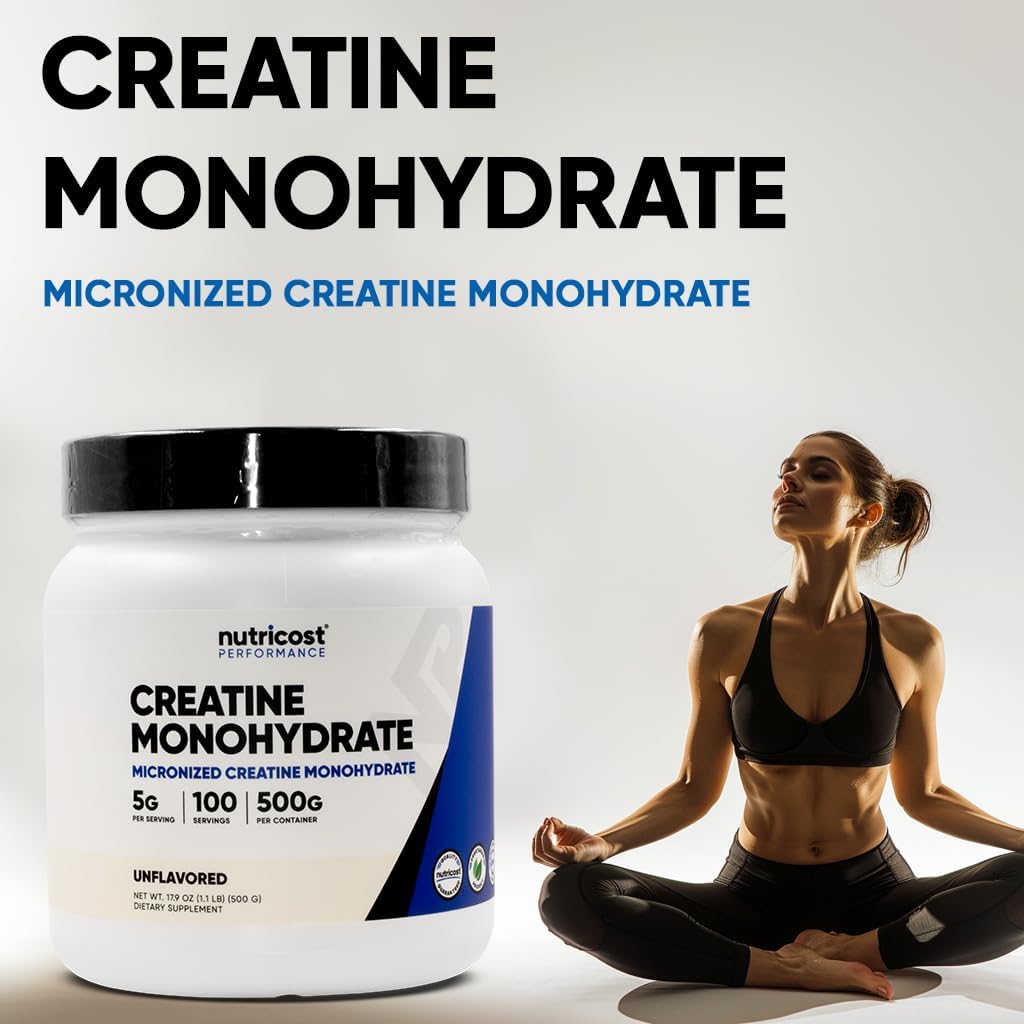 Nutricost Monohidrato de creatina en polvo micronizado 500G, 5000mg por servicio (0.18 oz) – Monohidrato de creatina micronizada, 100 porciones,