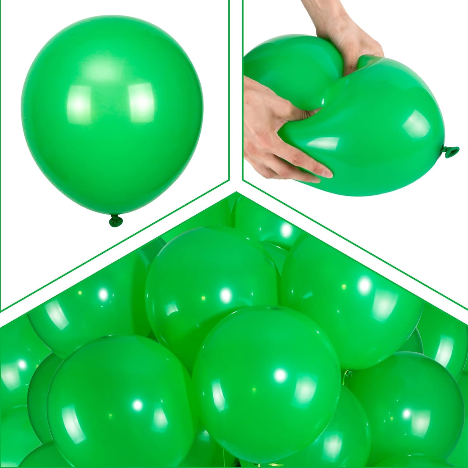 Paquete de 100 globos de látex verdes, globos de 12 pulgadas, globos de calidad prémium de helio para suministros de fiesta y decoraciones (con 2