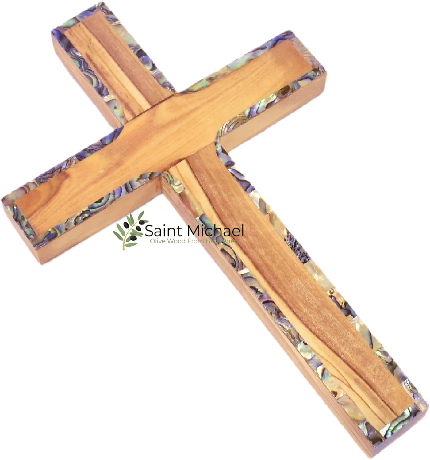 SAINT MICHAEL OLIVE WOOD FROM BETHLEHEM Cruz de pared de madera de olivo de 6 pulgadas con diseño de nácar, cruces de tierra santa de Belén