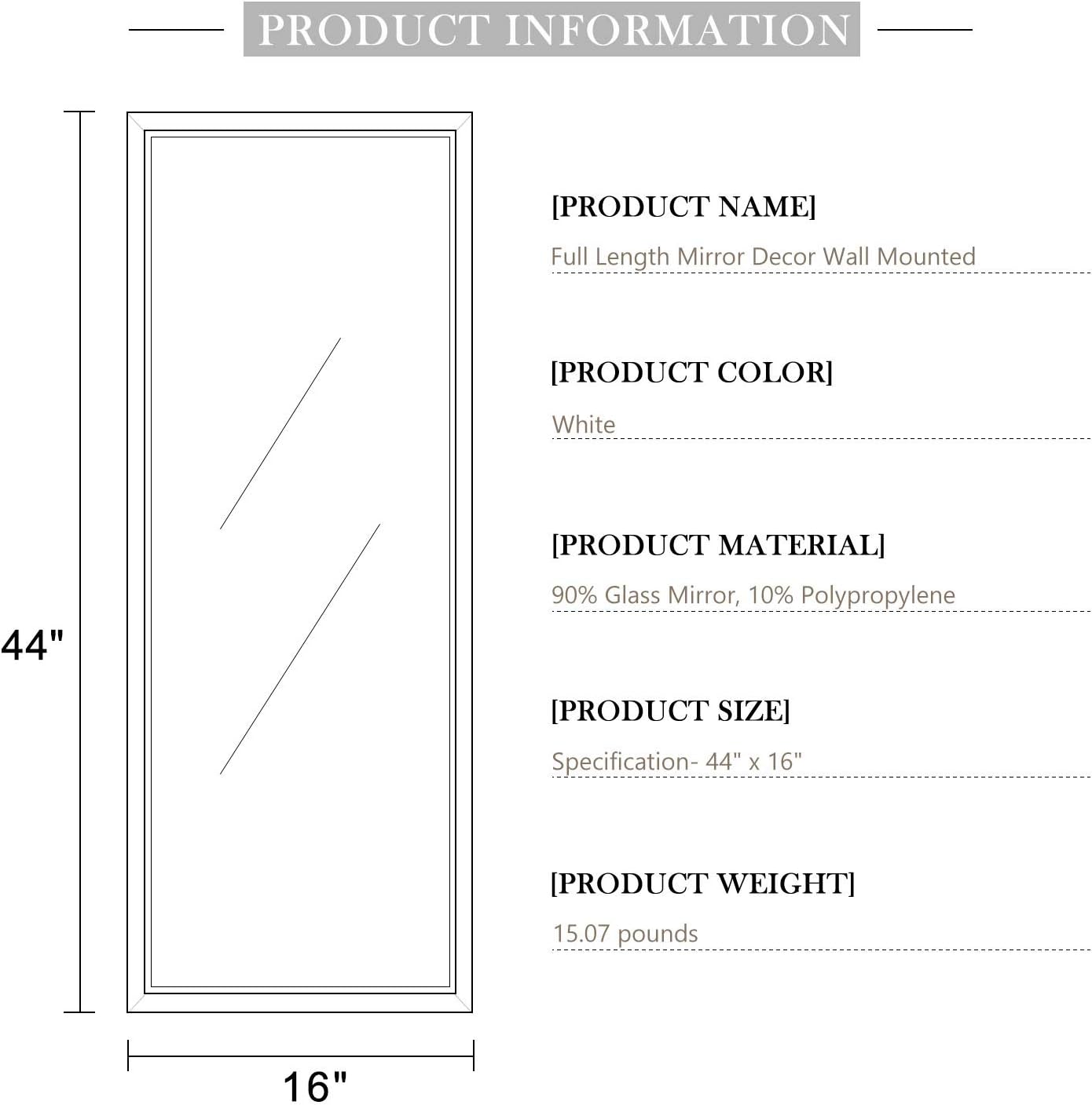 MIRUO Full Length Mirror Decor Wall Mounted Mirror Floor Mirror Dressing Mirror Make Up Mirror BathroomBedroomLiving RoomDining RoomEntry, White,