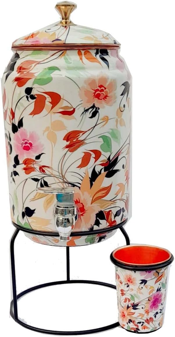 ORNATE INTERNATIONAL – Enfriador de agua de cobre, dispensador, mate, almacenamiento de agua, 5 litros, con 1.0fl oz, 2 vidrios y 2 mismos diseños