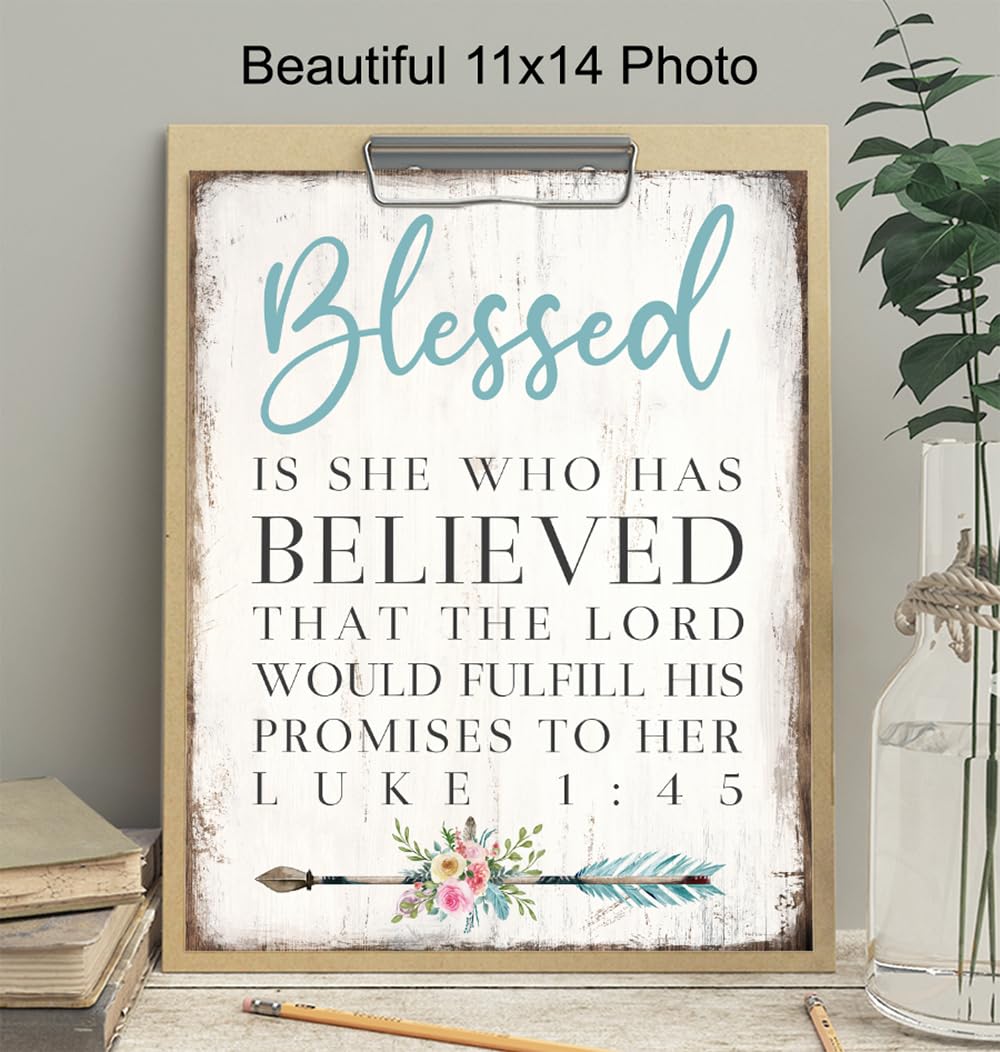 Inspirational Bible Verse Wall Art 11×14 – Motivational Bible Verses Wall Decor for Women – Blessed Is She Religious Art Print – spiritual Gifts for