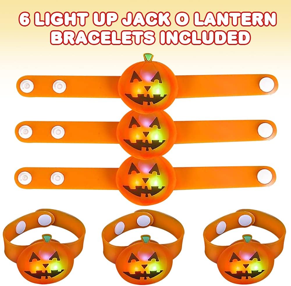 ArtCreativity Pulseras de Halloween iluminadas, juego de 6, pulseras de Jack o Lantern para niños con 3 modos de iluminación, accesorios de disfraz