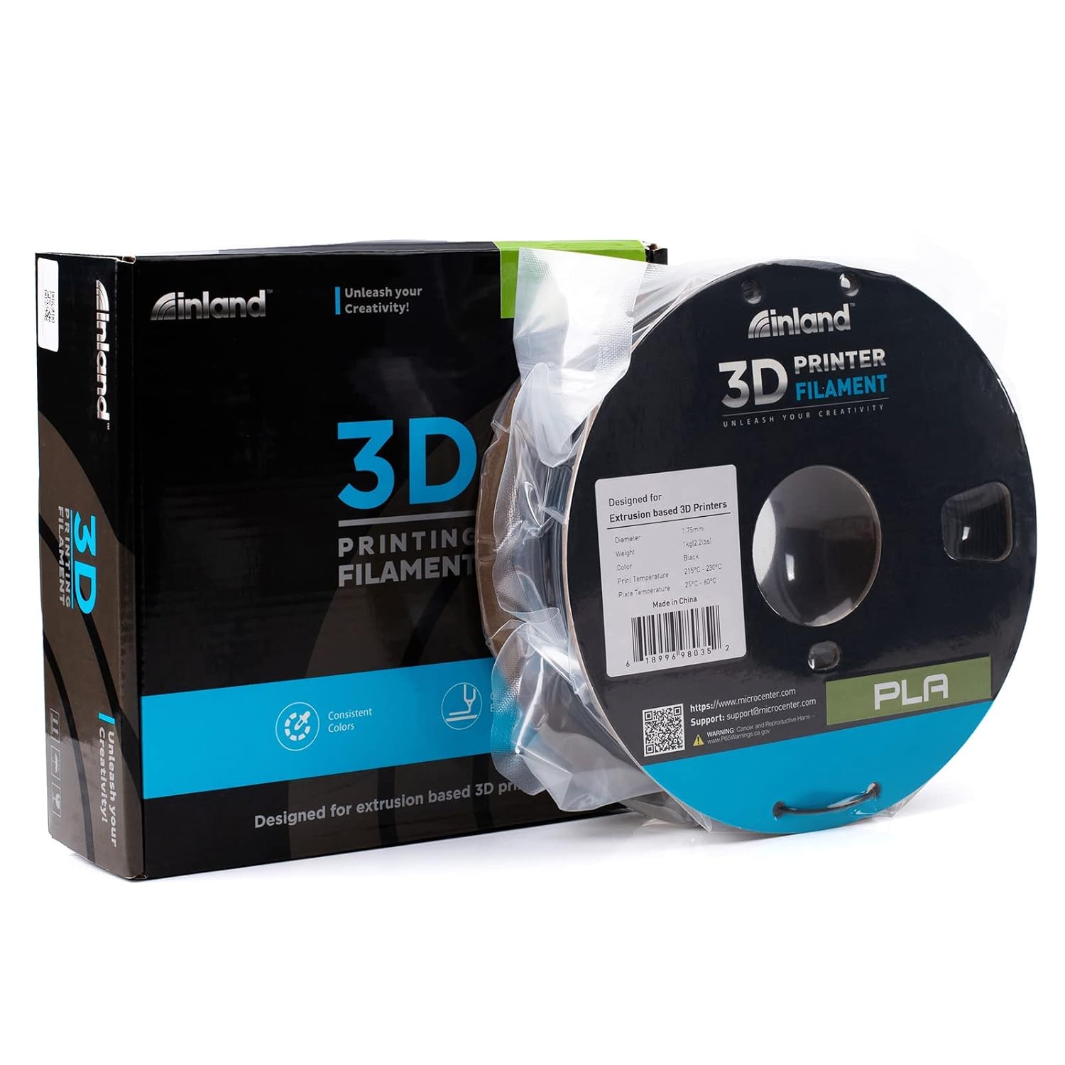 Inalnd – Filamento de PLA para impresora 3D, carrete de 2.2 libras (1 kg), Negro