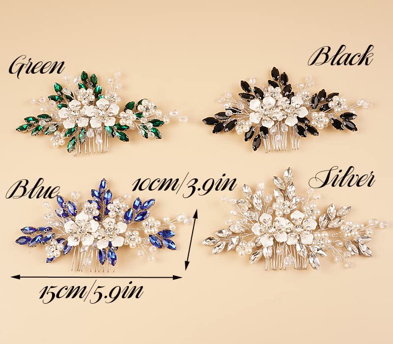 Peine de pelo con diamantes de imitación de cristal negro con flores plateadas, perlas, lágrima y diamantes de imitación, diadema de boda, perlas,