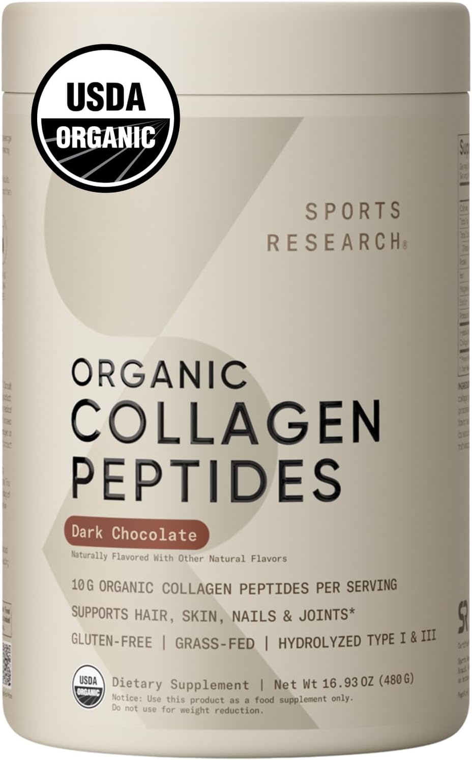 Sports Research Polvo de colágeno orgánico – Proteína de colágeno hidrolizada tipo I y III – USDA orgánico, sin gluten, de origen sostenible,