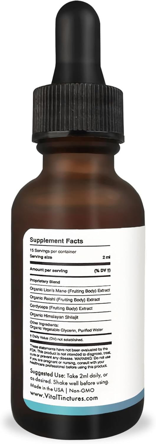 Vital Labs Essentials – Tintura de 1 onza  Potente mezcla de Cordyceps, Reishi, melena de león y Shilajit  Extracto dual, sin alcohol, fabricado en