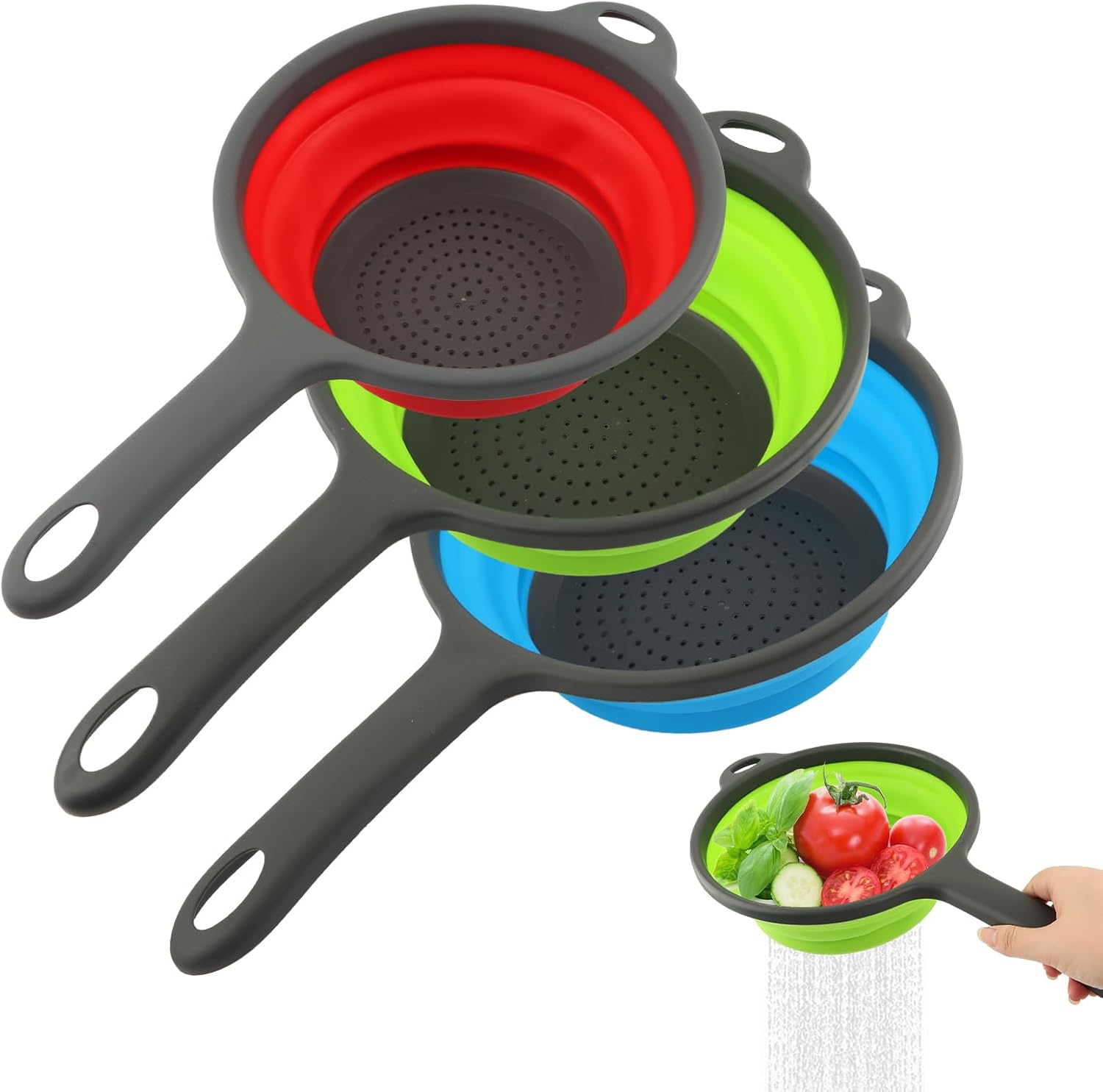 Colador plegable para cocina, 3 tamaños, juego de cestas de colador plegable de silicona con asas, escurridor redondo para lavar frutas, alimentos y