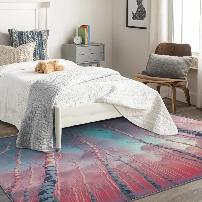 Alfombras blancas de abedul para dormitorio, sala de estar, alfombra de bosque de 6 x 9 pies, lavable, antideslizante, suave, alfombra de área de