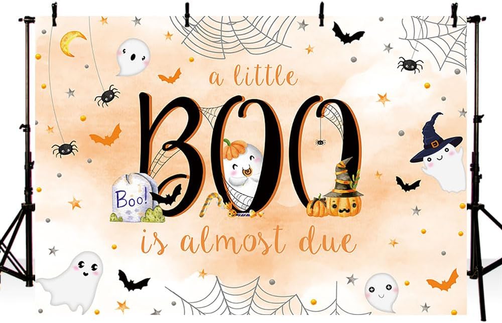 MEHOFOND Telón de fondo de Halloween de 7 x 5 pies para baby shower con texto en inglés “A Little Boo is Almost Due Orange Water” para niño con