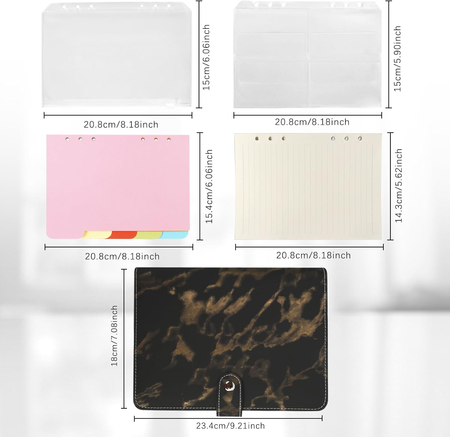 FYY Carpeta de cuero A5 con 6 anillas, cuaderno recargable A5 con bolsillos para carpeta, divisores A5, papel de repuesto A5, carpeta de viaje de