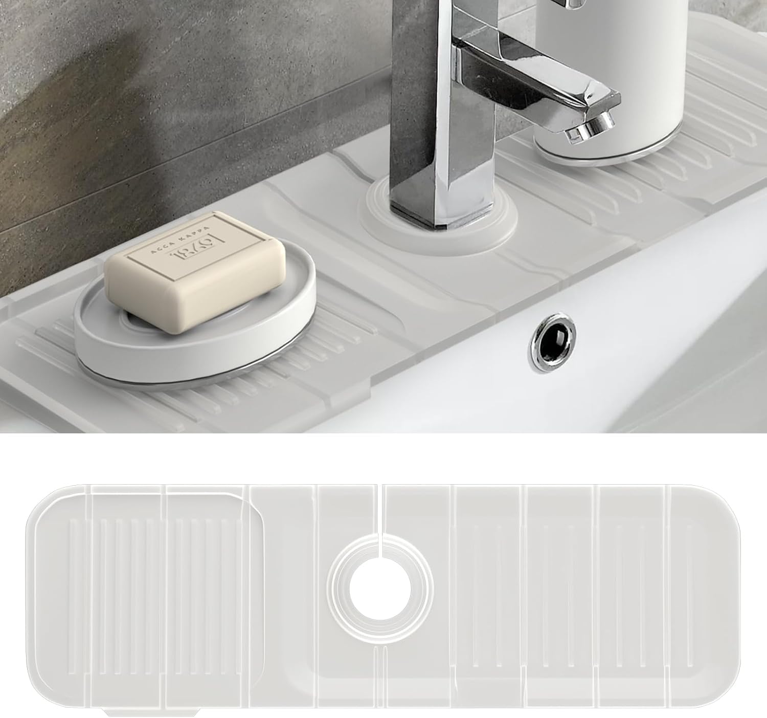 Protector contra salpicaduras para fregadero de cocina de 17.7 x 5.5 pulgadas, bandeja de recogedor de goteo con mango de grifo Toovem, alfombrilla