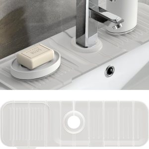 Protector contra salpicaduras para fregadero de cocina de 17.7 x 5.5 pulgadas, bandeja de recogedor de goteo con mango de grifo Toovem, alfombrilla Protector contra salpicaduras para fregadero de cocina de 17.7 x 5.5 pulgadas, bandeja de recogedor de goteo con mango de grifo Toovem, alfombrilla