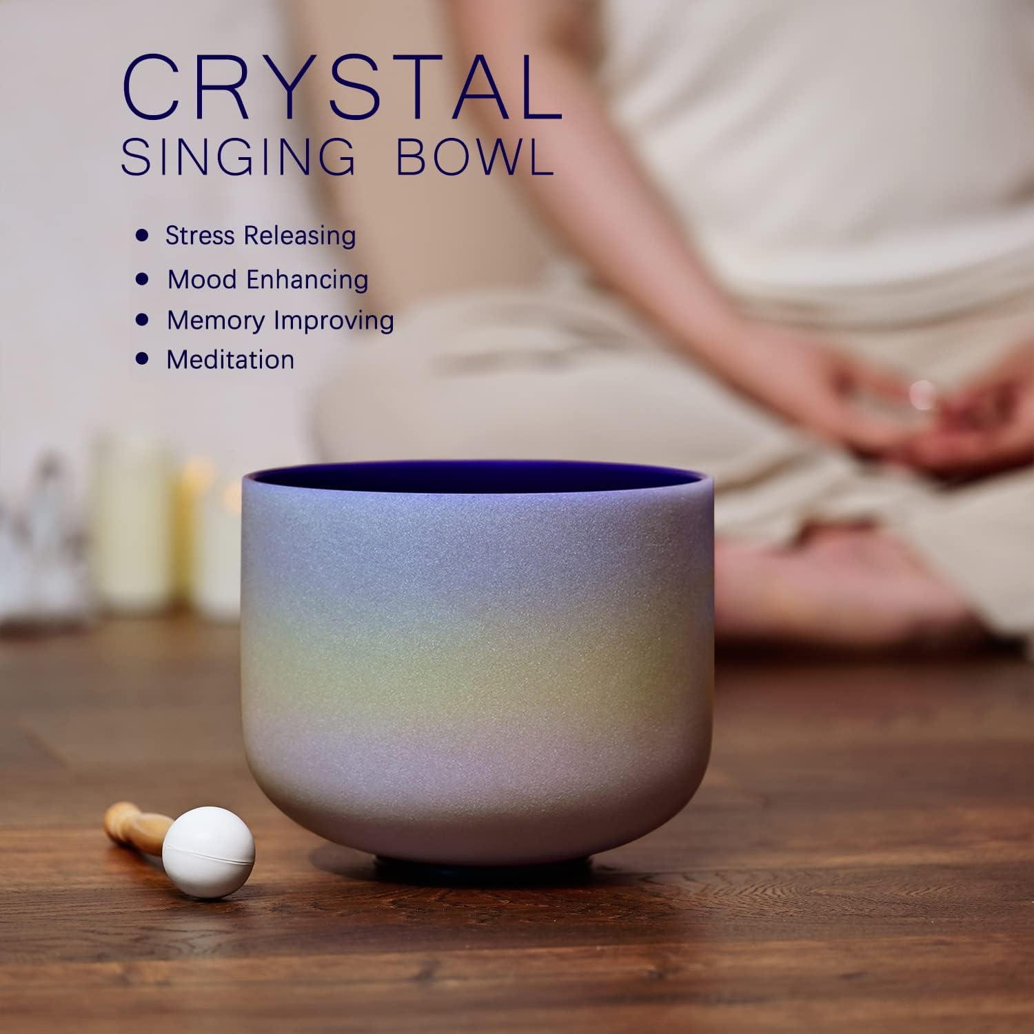 CVNC Cuenco cantante de cristal de cuarzo esmerilado de 8 pulgadas con forma de arco iris y nota A Note Third-Eye Chakra + mazo gratis y junta tórica