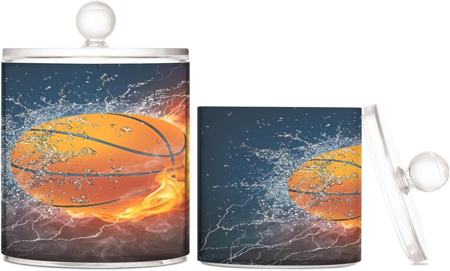 Paquete de 2 recipientes dispensadores de baloncesto Qtip en fuego y agua, contenedores de almacenamiento de plástico transparente con tapas,