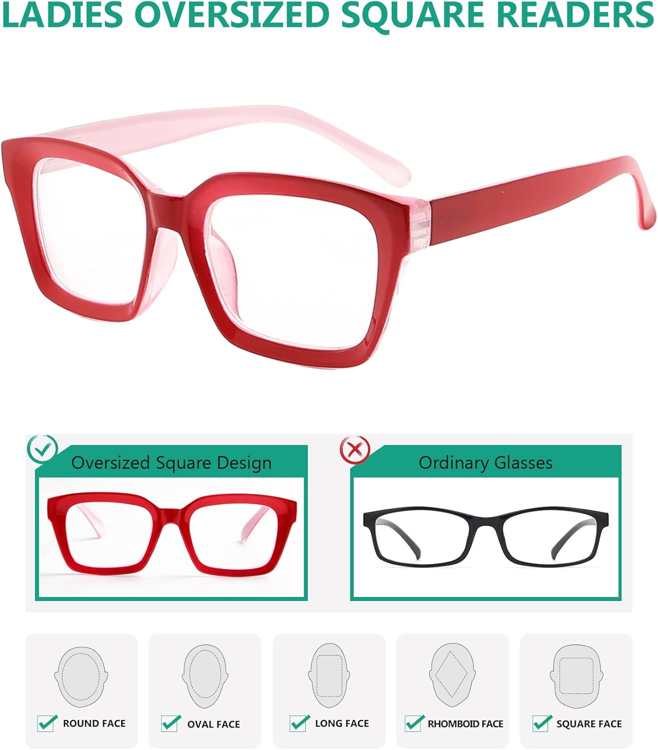 Eyekepper Gafas de lectura para mujer, diseño cuadrado de gran tamaño, color rojo