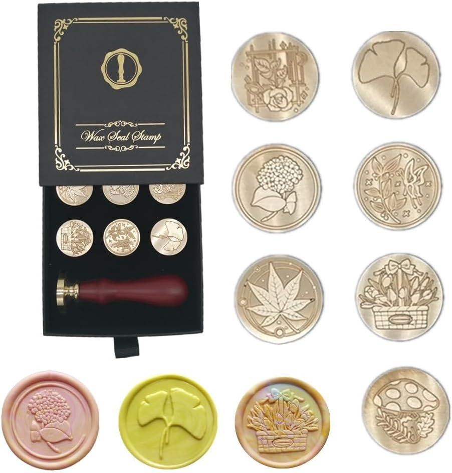 HNOMISE Juego de sellos de cera, 7 cabezas de sello de cera de sellado + 1 empuñadura de madera, serie 04 plantas