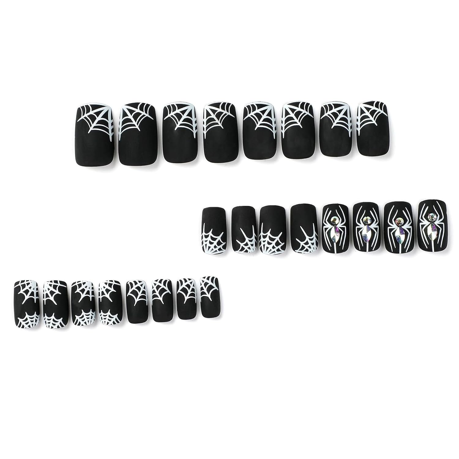 Uñas postizas medianas a presión de Halloween, uñas acrílicas de araña blanca y telaraña, uñas postizas mate con diamantes de imitación, uñas
