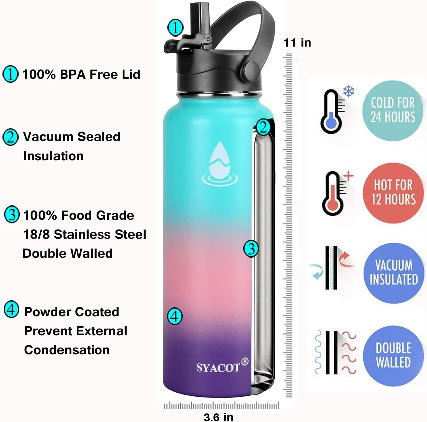 SYACOT – Botella de agua de acero inoxidable de 40 onzas, con aislamiento de doble pared al vacío a prueba de fugas, taza térmica de metal, boca