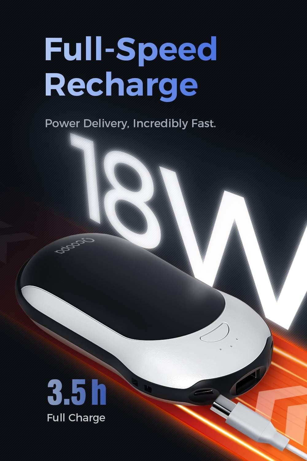 OCOOPA Calentadores de manos de carga rápida recargables, calentador de manos eléctrico de 10000 mAh, cargador de energía PD, calor duradero de 15