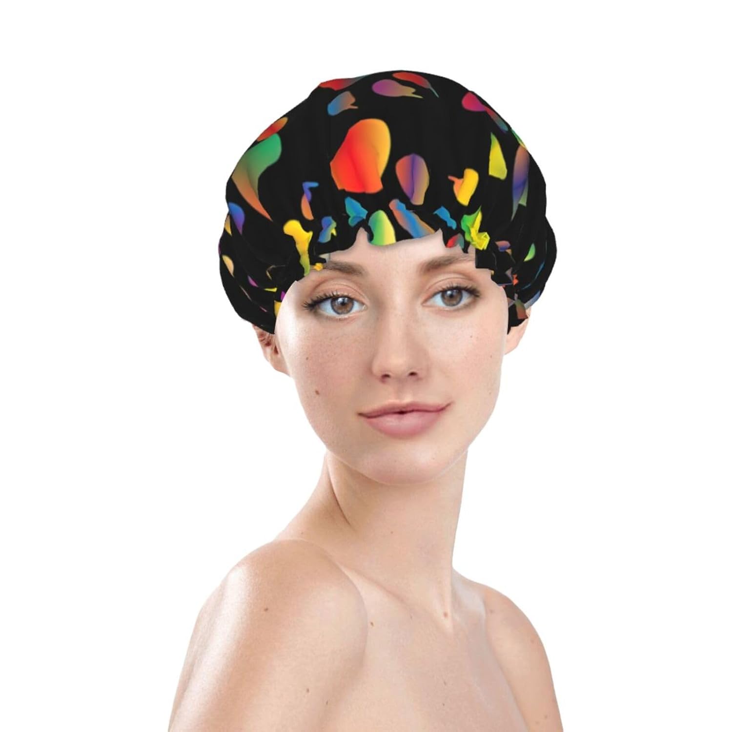 Colorido gorro de ducha con diseño de pata de perro, diseño de impresión completa, tela de poliéster resistente al agua, esencial para