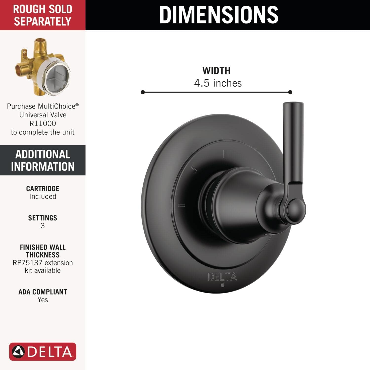 Delta Faucet Saylor T11835-BL – Kit de moldura desviadora de mango de ducha de 3 ajustes, kit de moldura de válvula desviadora, color negro mate