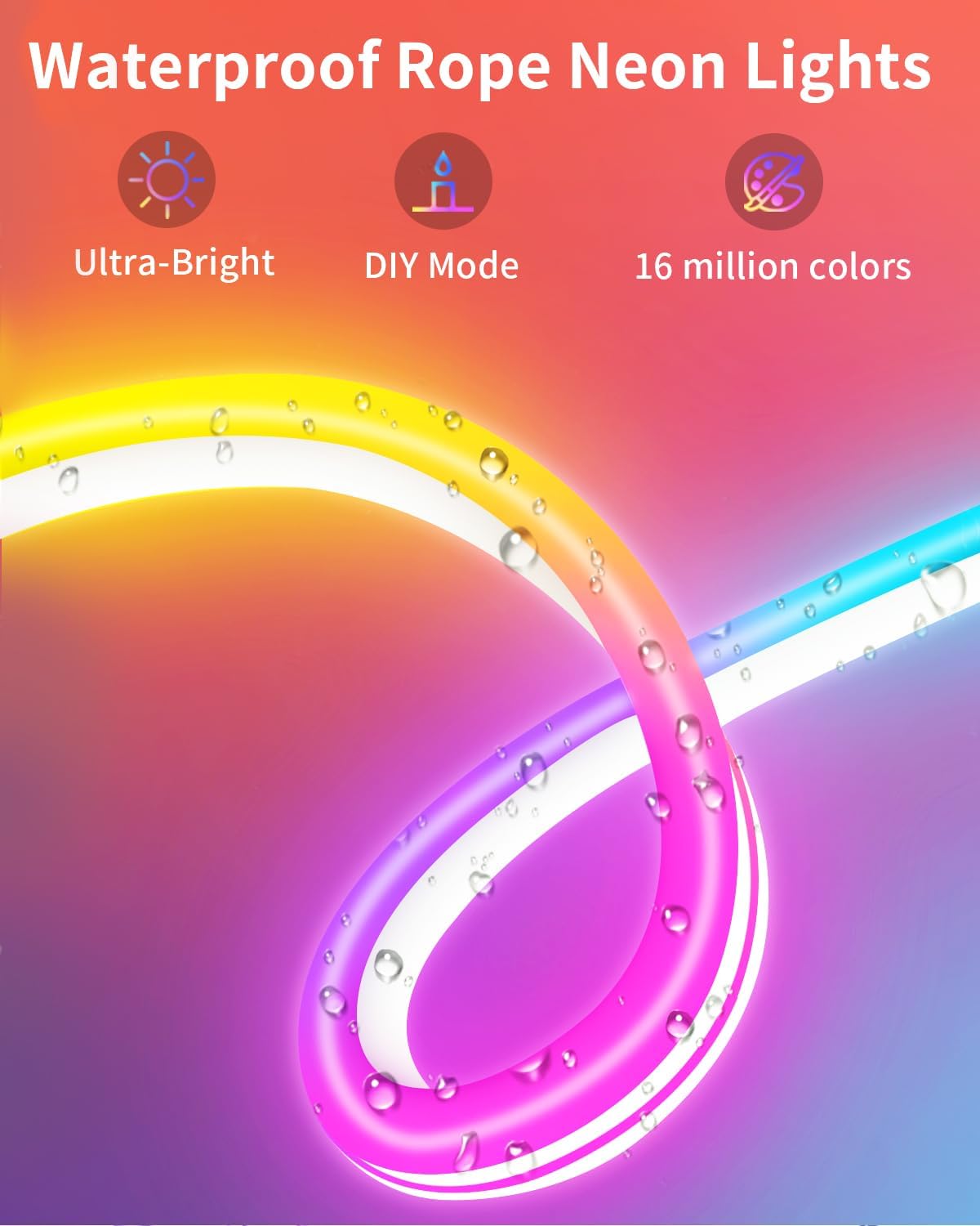 Cuerda de neón RGB de 33 pies, luces de neón flexibles impermeables IP68, tira de luces LED para dormitorio, decoración de habitación de niños para