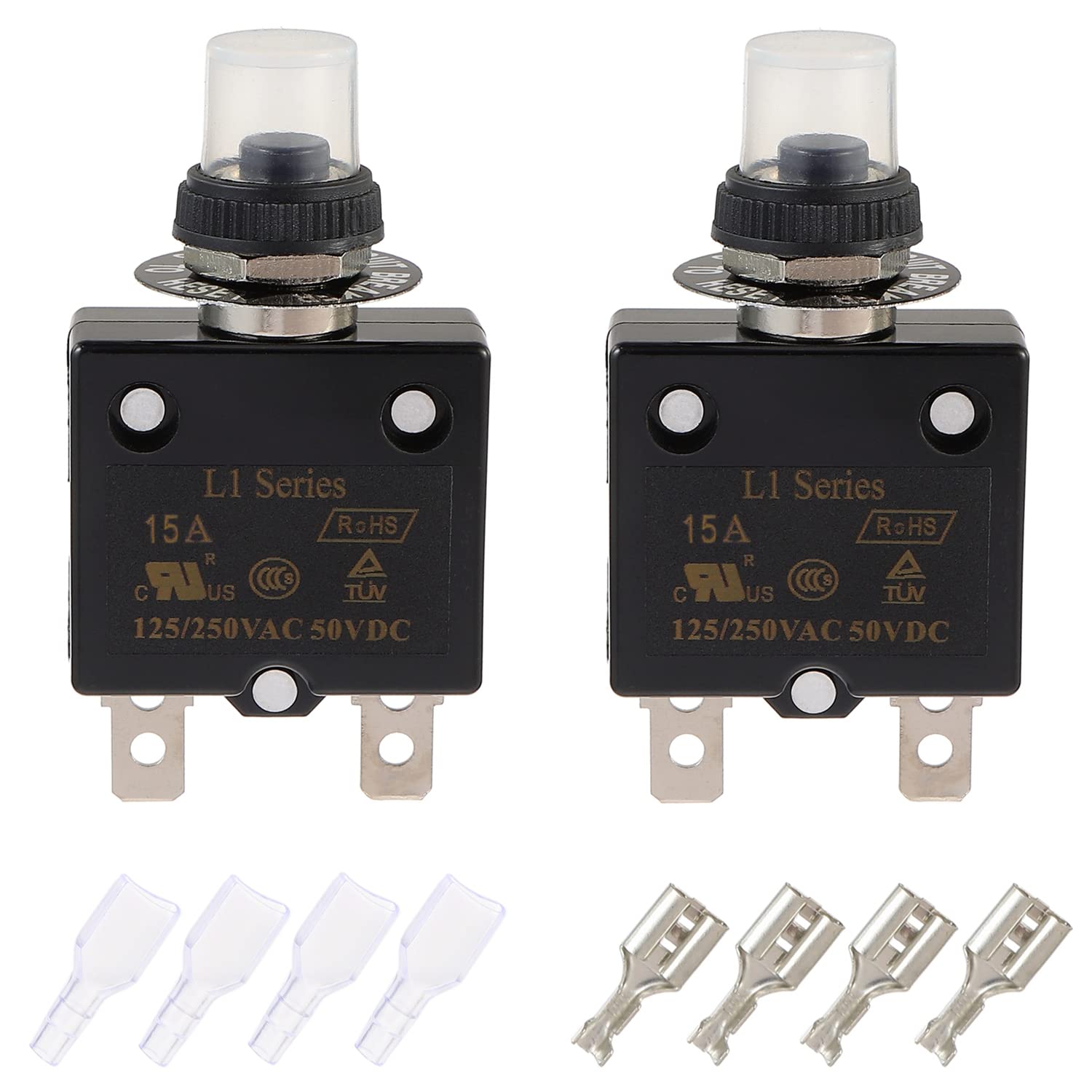 Disyuntor de botón de reinicio manual de 15 A, 125250 V, CA, 50 V, CC, protector de sobrecarga térmica con terminales de conexión rápida y tapas de